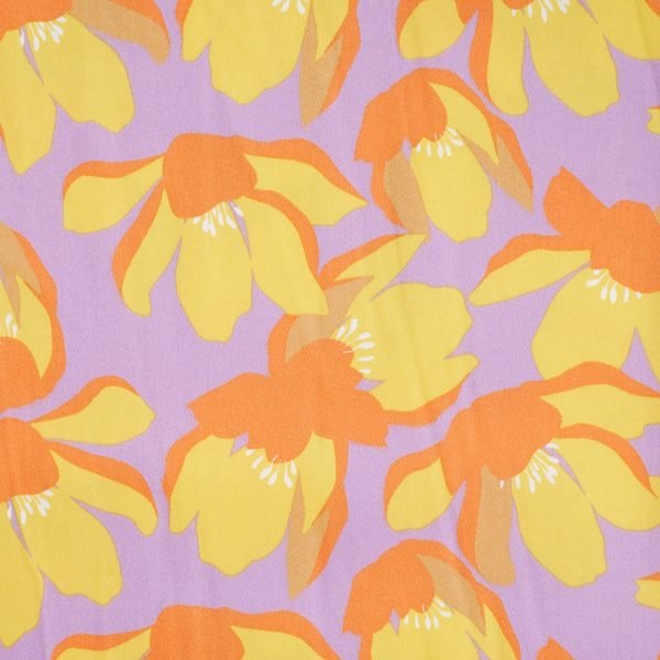 Baumwollsatin Stretch Blumen | flieder/orange/gelb