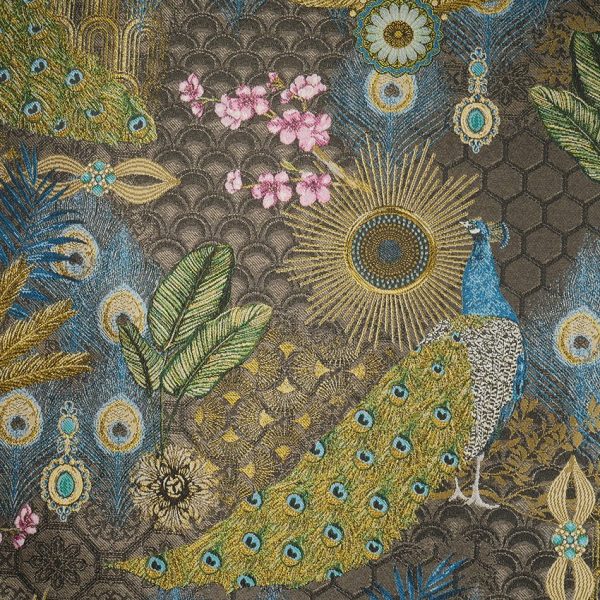 Dekostoff Jacquard Pfauenmuster | bunt/taupe